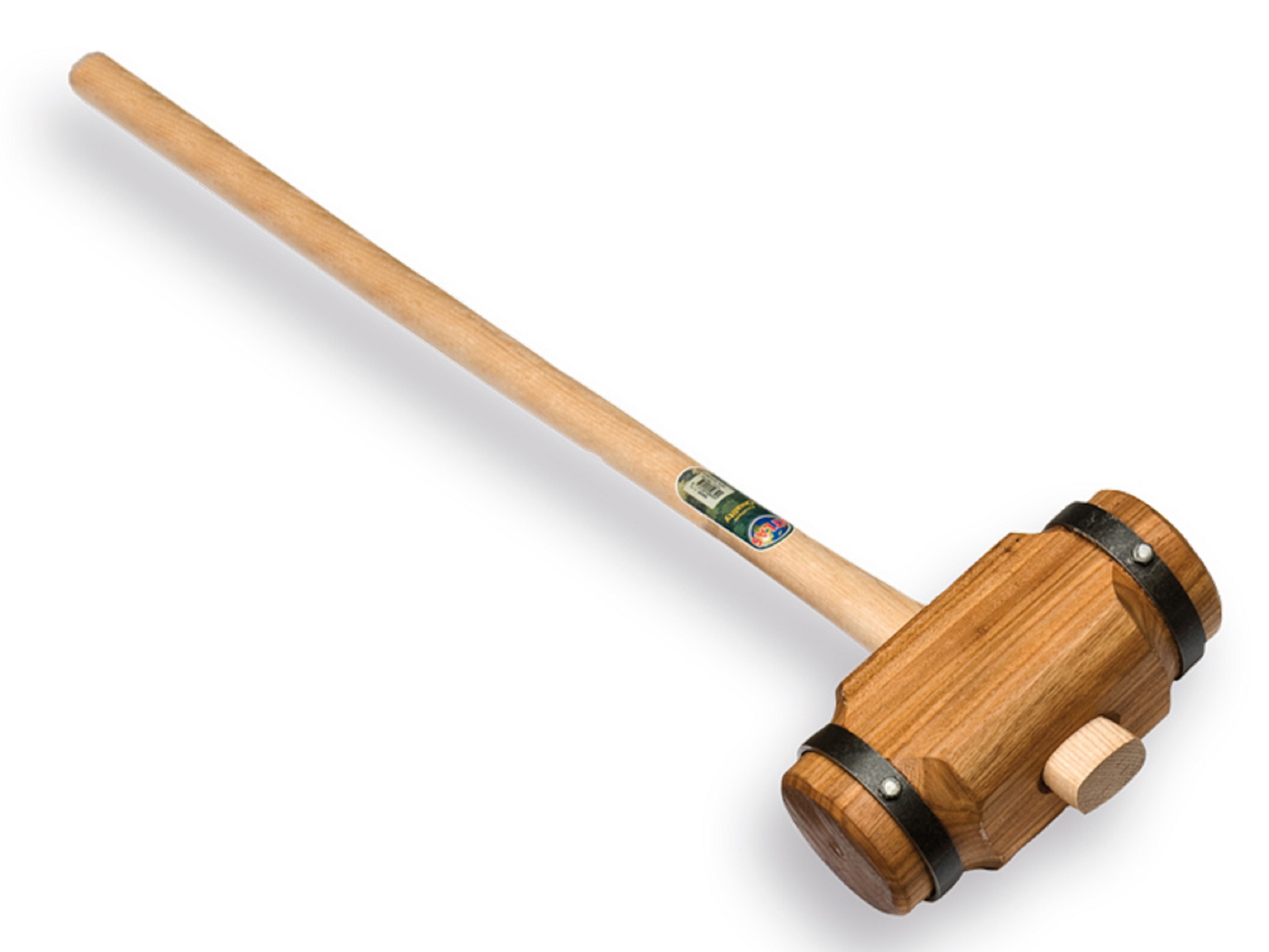 Sleg hout rond met stalen banden en ovale steel 100 cm